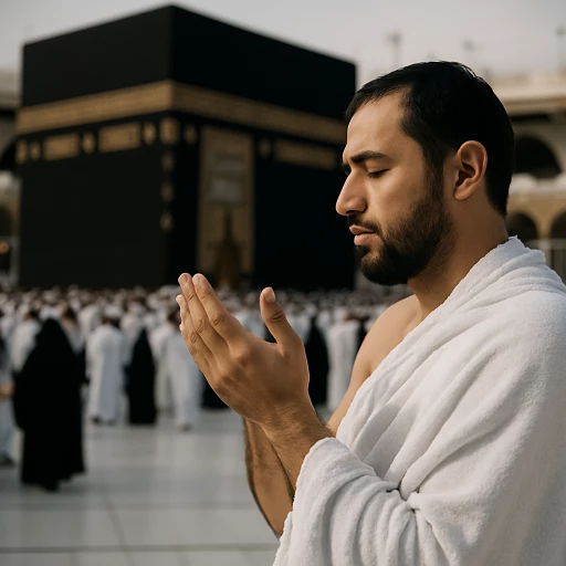 رجل يرتدي ملابس الإحرام ويدعو بخشوع في المسجد الحرام.