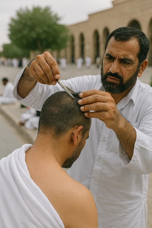 معتمر يقوم بالحلق بعد الانتهاء من مناسك العمرة.